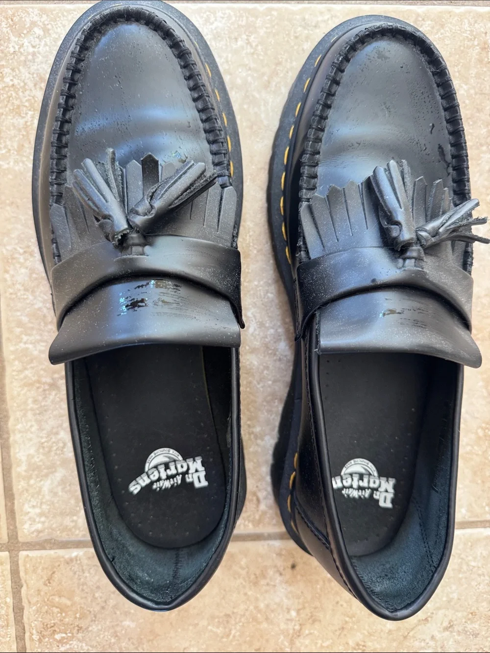 Dr. Martens Black Leather Tassel Kiltie Loafers with Yellow Stitching